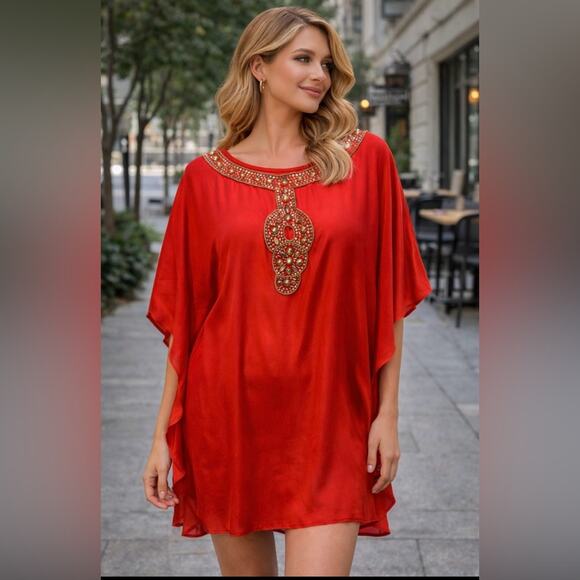 Trina Turk Dresses & Skirts - Trina Turk Red Flowy Anissa Embellished silk blend shift kaftan dress size 6